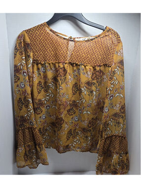 Jolt mustard yellow floral print sheer blouse with bell sleeves Size Medium